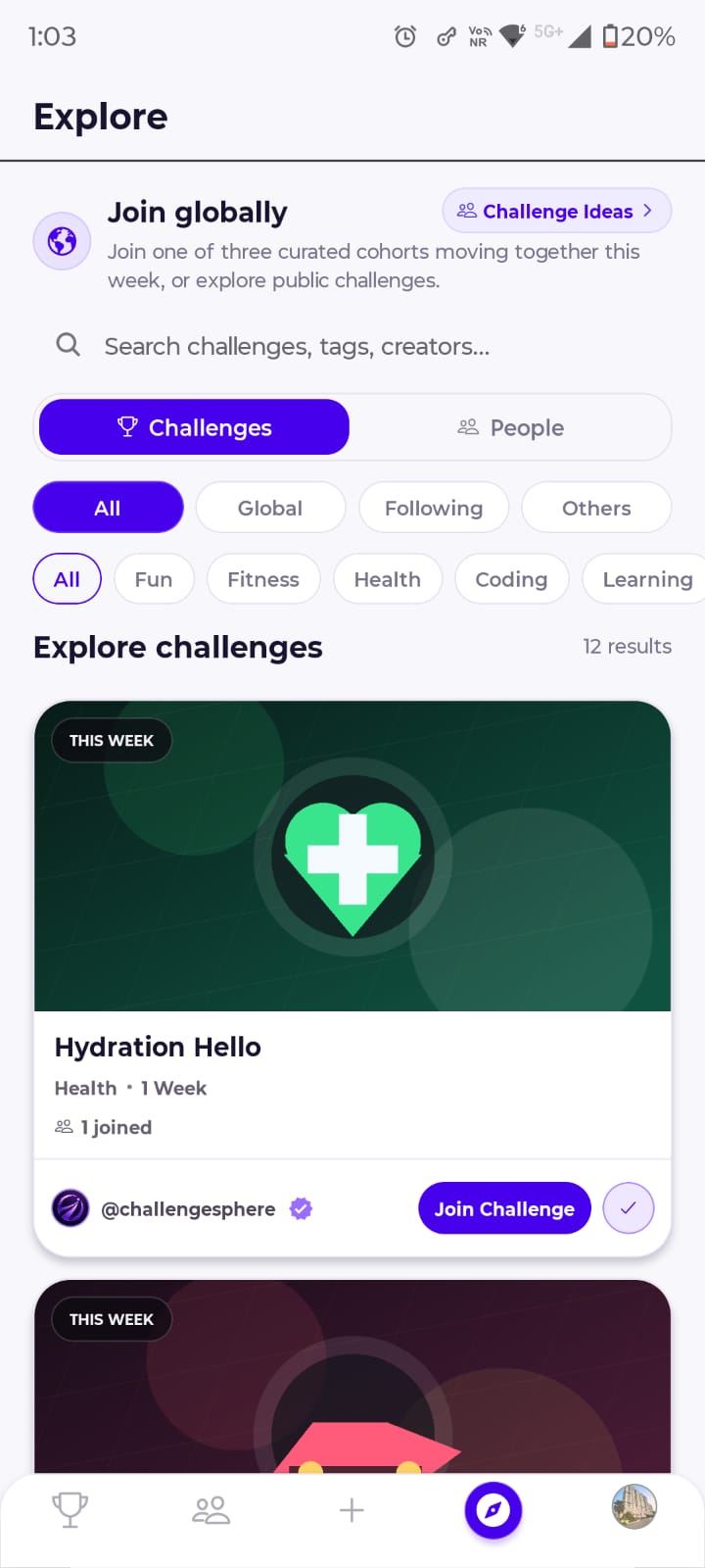 ChallengeSphere Explore screen showing public challenges from the community