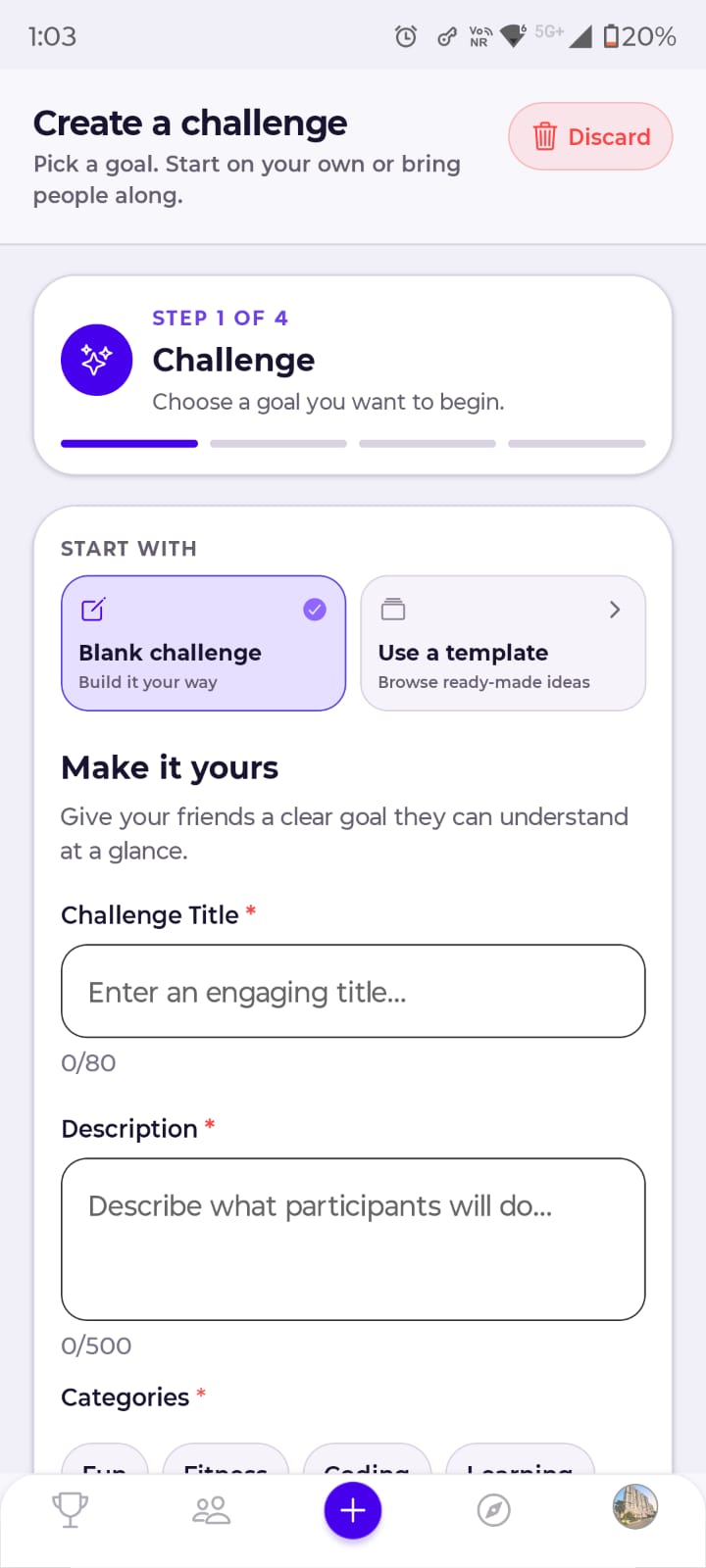 Real ChallengeSphere Create a Challenge screen