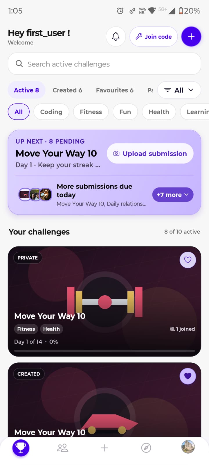 ChallengeSphere My Challenges screen showing active challenges and real progress