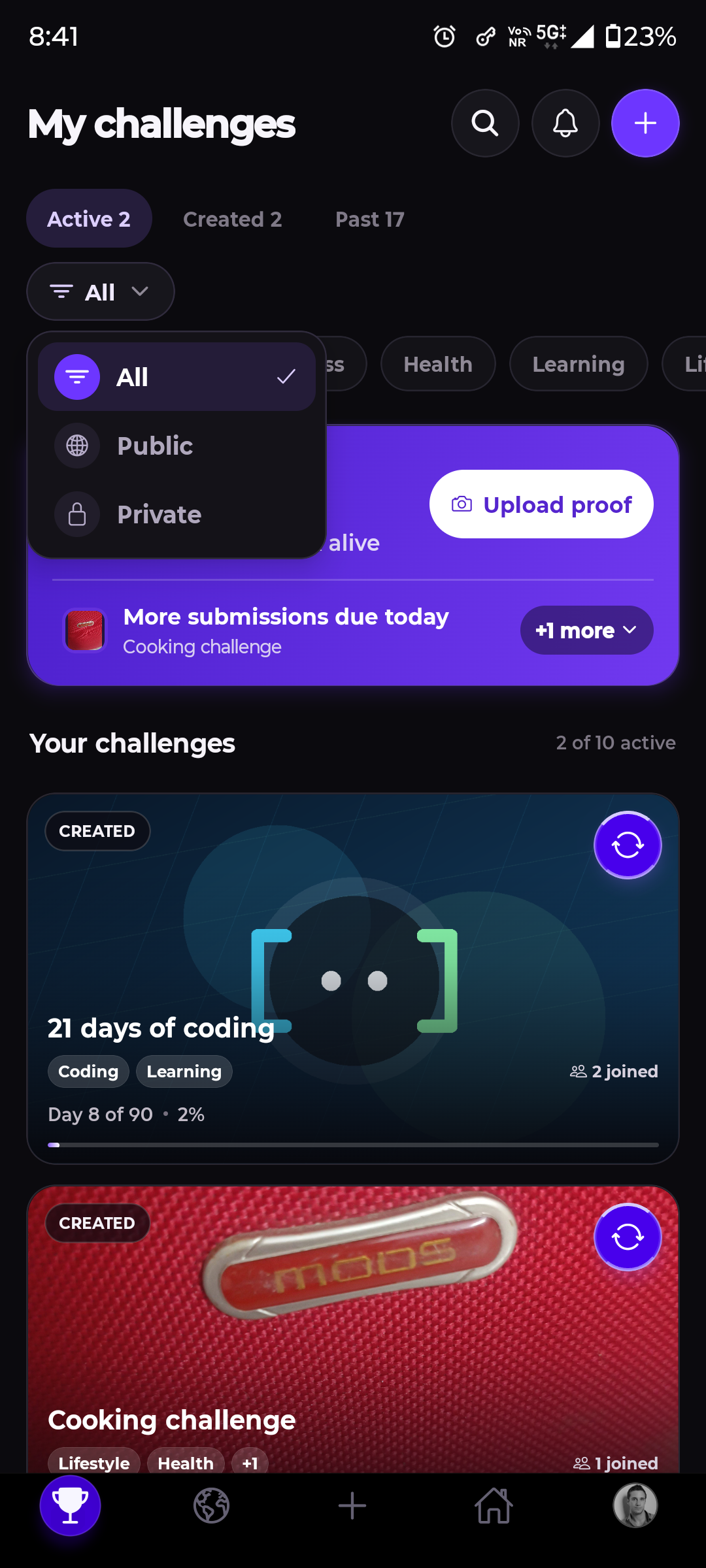 ChallengeSphere My Challenges screen showing active coding and cooking challenges