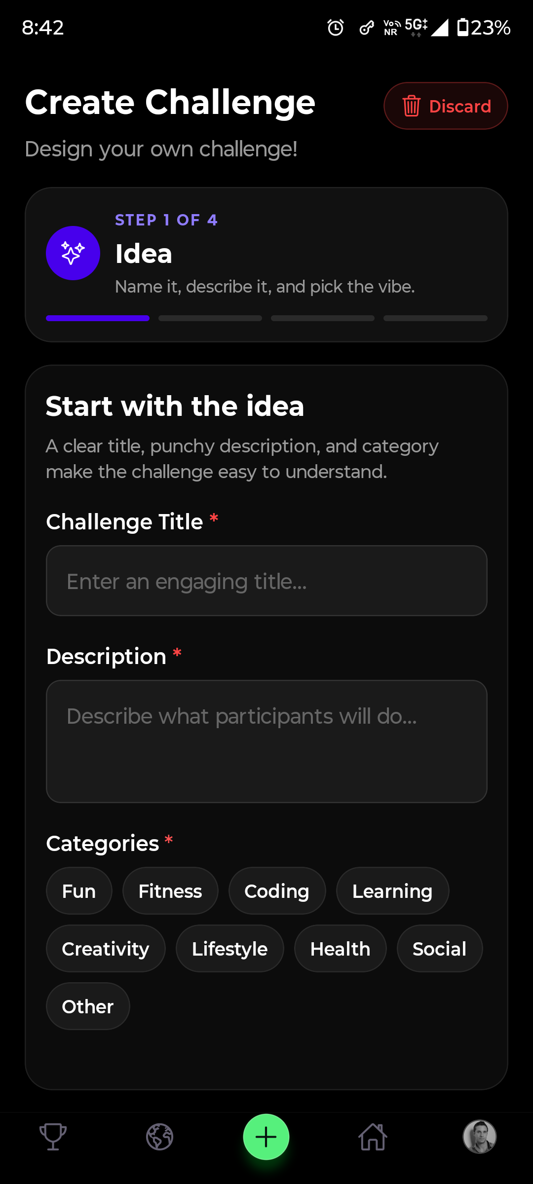 ChallengeSphere Create Challenge screen with title, description, and category fields