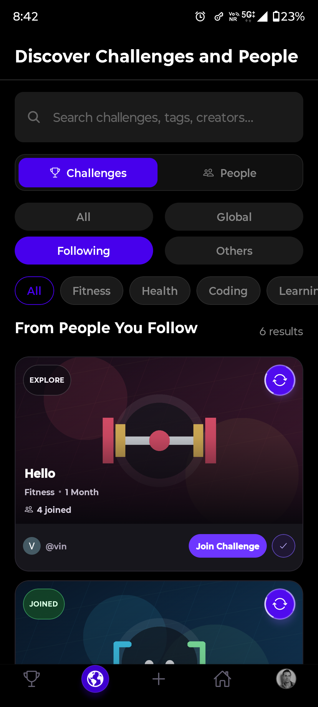ChallengeSphere discovery screen with challenge search, filters, and public challenge cards